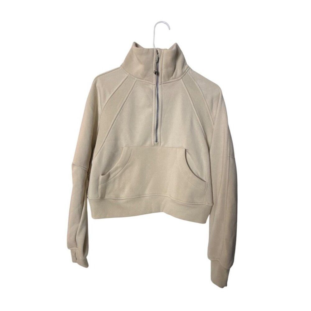 Better Together Beige Cropped Half-Zip Sweatshirt With Pouch Pocket & Ribbed Cuf